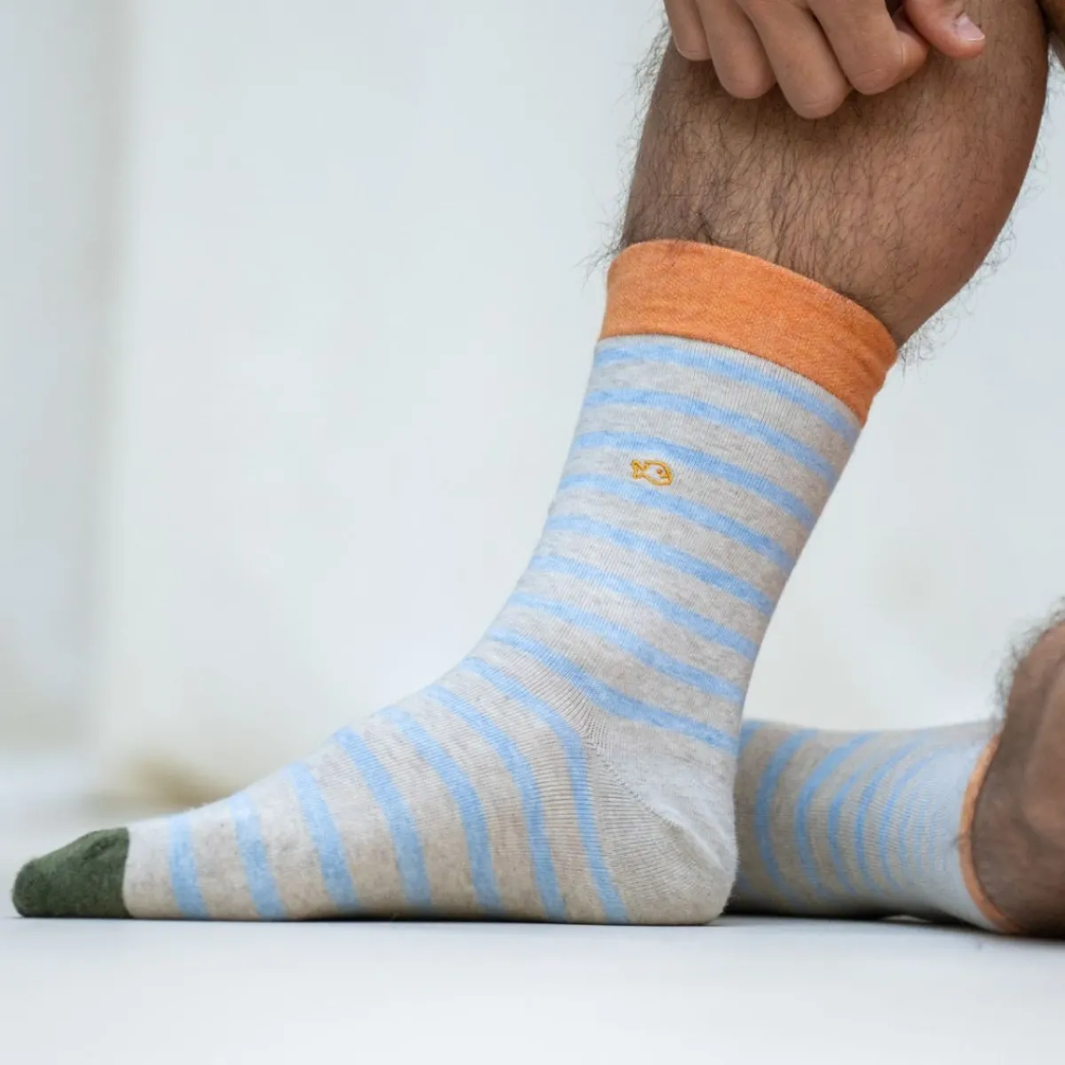BILLYBELT Chaussettes en coton peigné A rayures larges - Beige chiné, rayé bleu>Homme Chaussettes Fantaisie