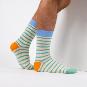 BILLYBELT Chaussettes en coton peigné A rayures larges - Beige, rayé vert>Homme Chaussettes Fantaisie