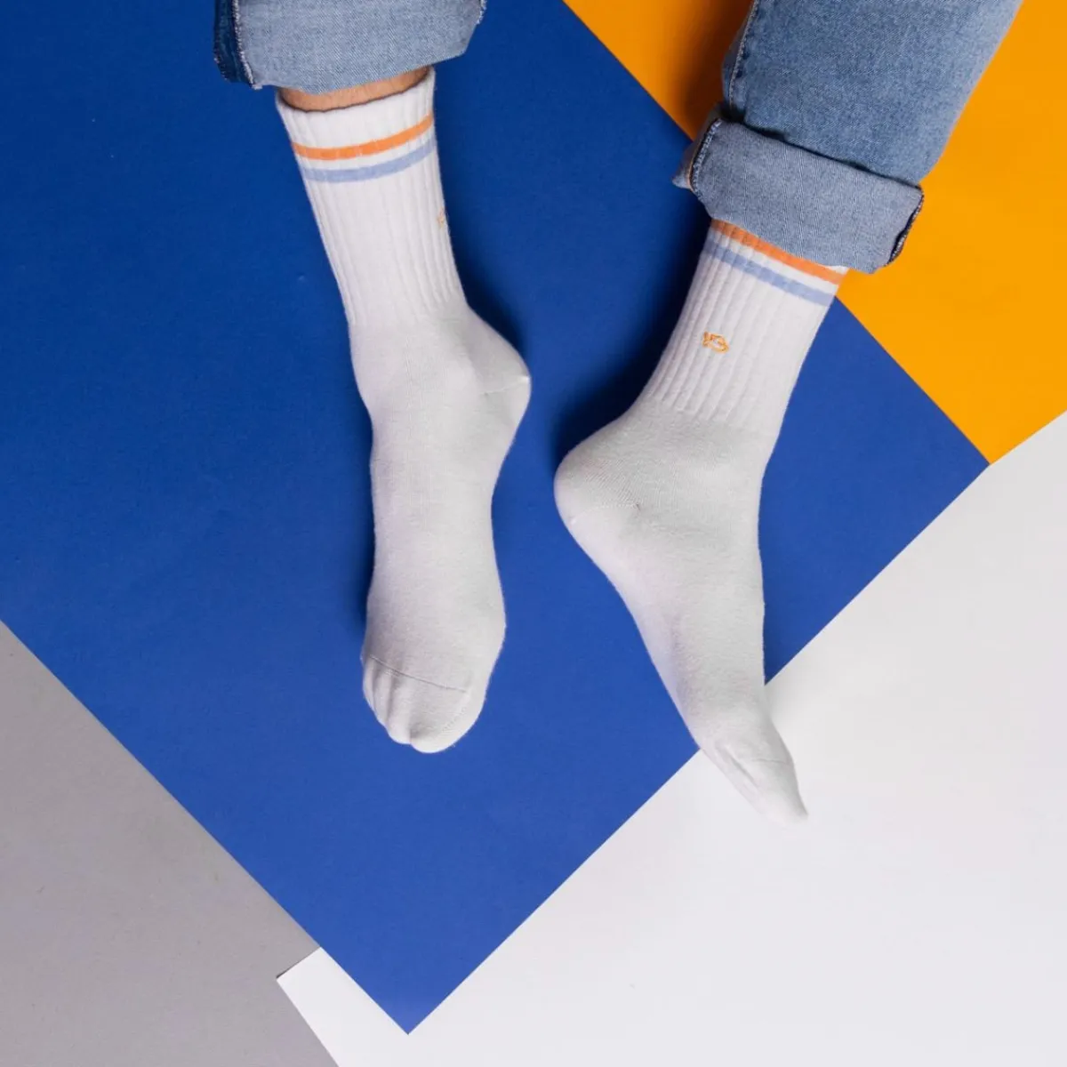 BILLYBELT Chaussettes en coton peigné Retro - Blanc, rayé orange et bleu>Homme Chaussettes Fantaisie