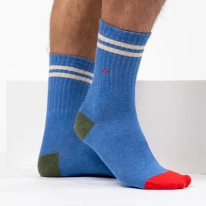 BILLYBELT Chaussettes en coton peigné Retro - Bleu clair, rayé beige>Homme Chaussettes Fantaisie